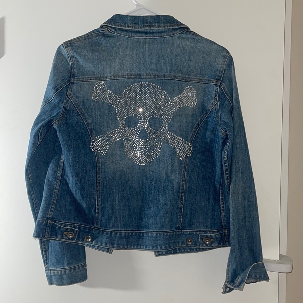 Denim Jacket with Rhinestone Skull and Crossbones